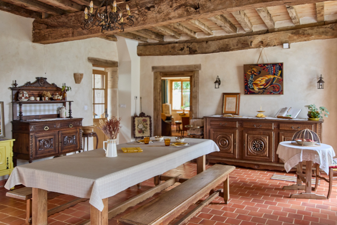Dining room with old roof beams